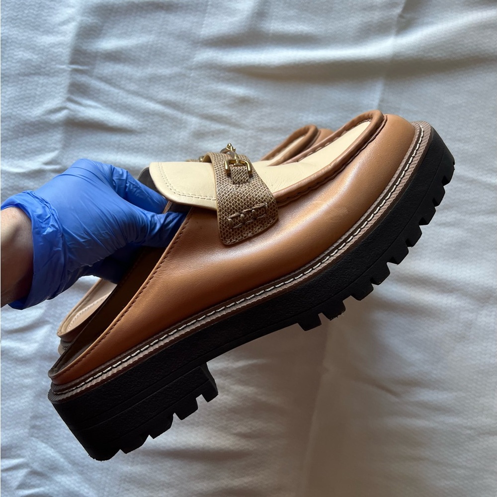 Sam Edelman Two-Tone Cream and Brown Leather Backless Loafers - Picture 8 of 12